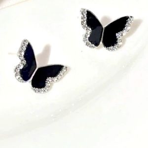 Black Cubic Zirconia Butterfly Stud Earrings, Black Butterfly Earrings